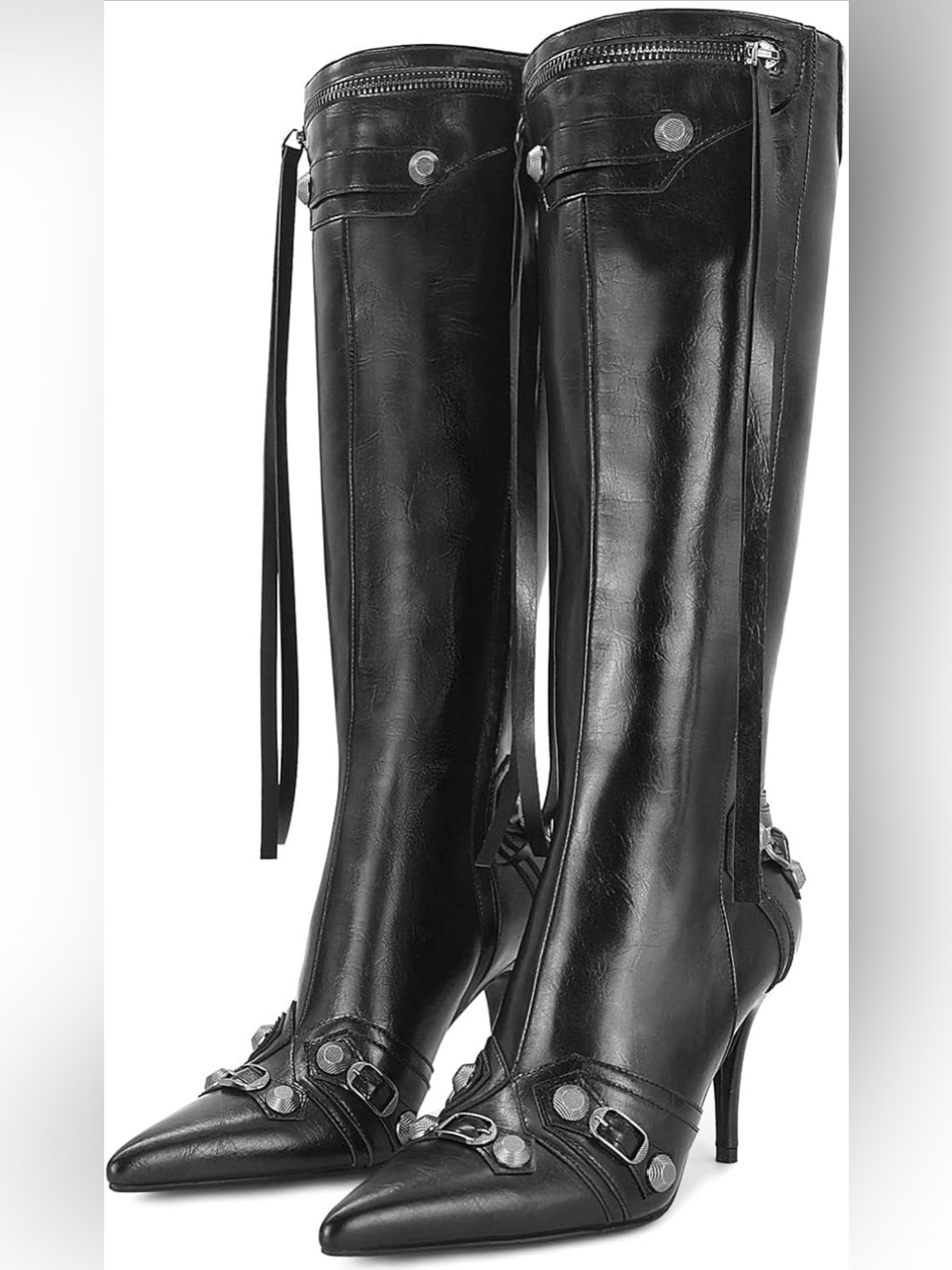 Women's Black Pointed-Toe Knee Boots with Decorative Straps